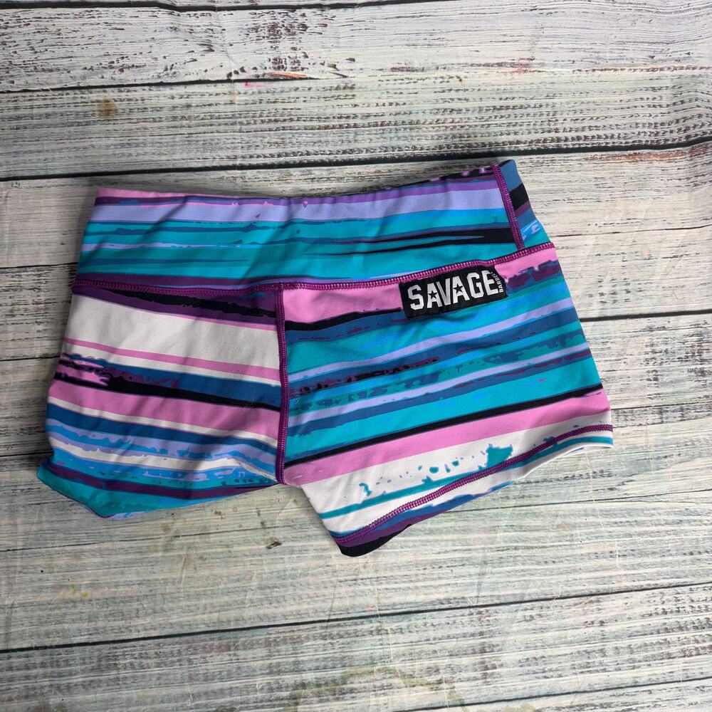 Savage Barbell Shorts Women L Blue Pink Striped Compression Workout CrossFit